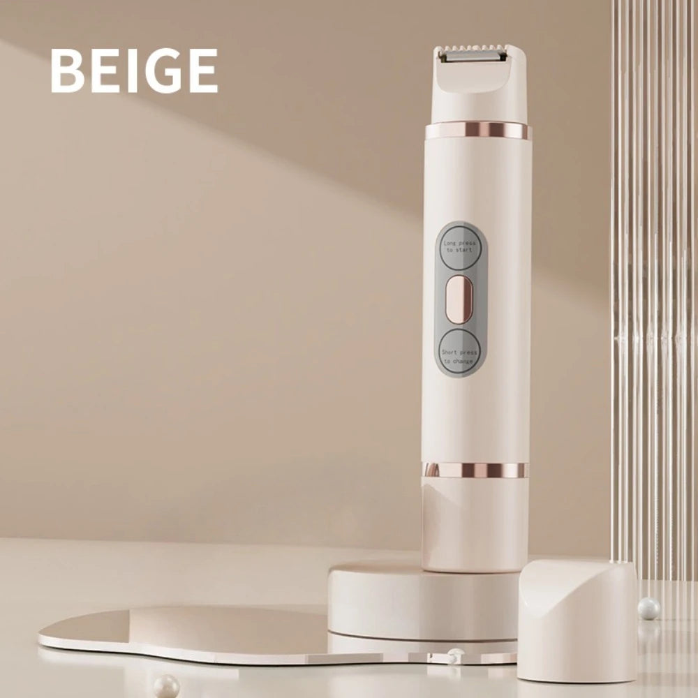 A beige portable electric body hair trimmer standing on a white base with a grooming tray.
