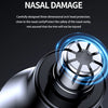 Close-up of a silver electric nose and ear trimmer with blue light highlighting the protection mechanism.