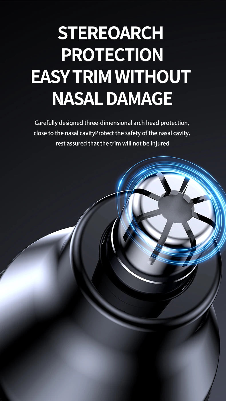 Close-up of a silver electric nose and ear trimmer with blue light highlighting the protection mechanism.