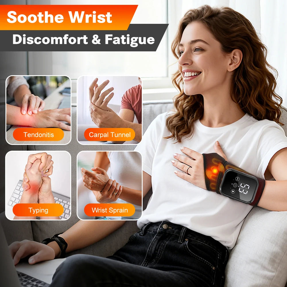 A woman is using a heated vibration wrist brace massager on her wrist while sitting indoors.