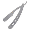 A professional stainless steel straight shaving razor with a silver handle and blade.