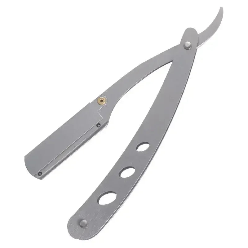 A professional stainless steel straight shaving razor with a silver handle and blade.