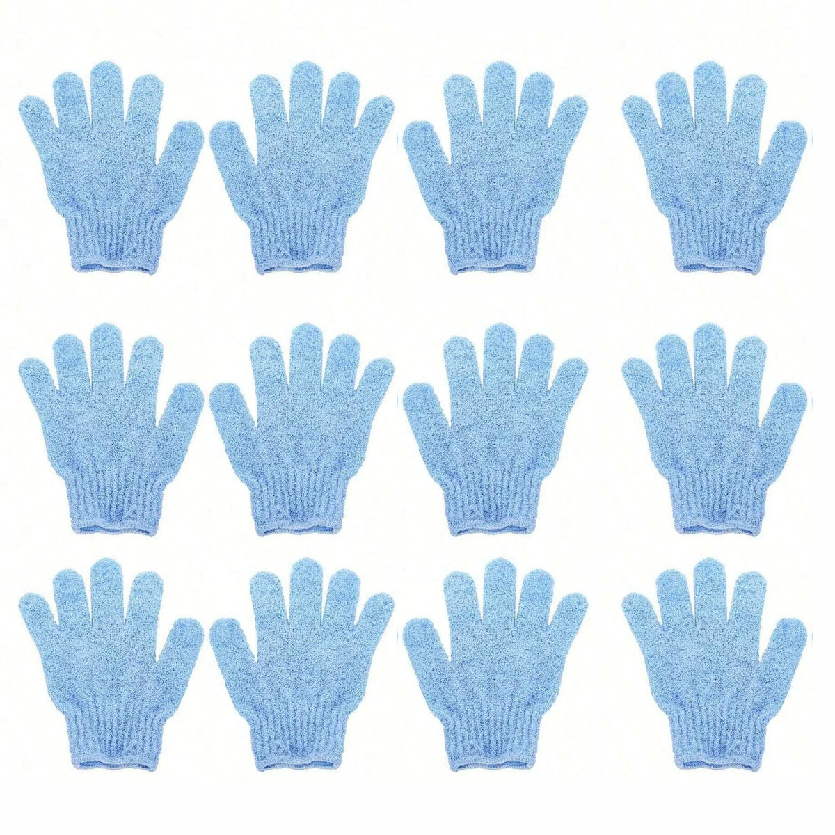 Un set de douze gants exfoliants pour le corps bleu clair à texture tricotée.