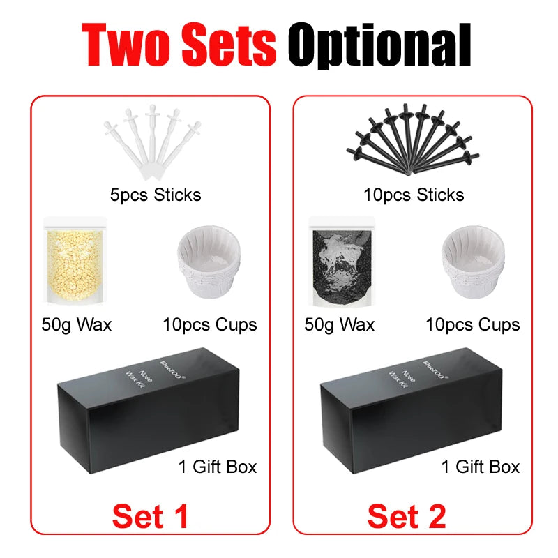 Two sets of painless nose and ear hair removal kits shown with sticks, wax, and gift boxes