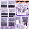 Sammlung von DIY Wimpernverlängerungs-Kits mit gemischten Wimpern und professionellen Werkzeugen in lila und schwarz