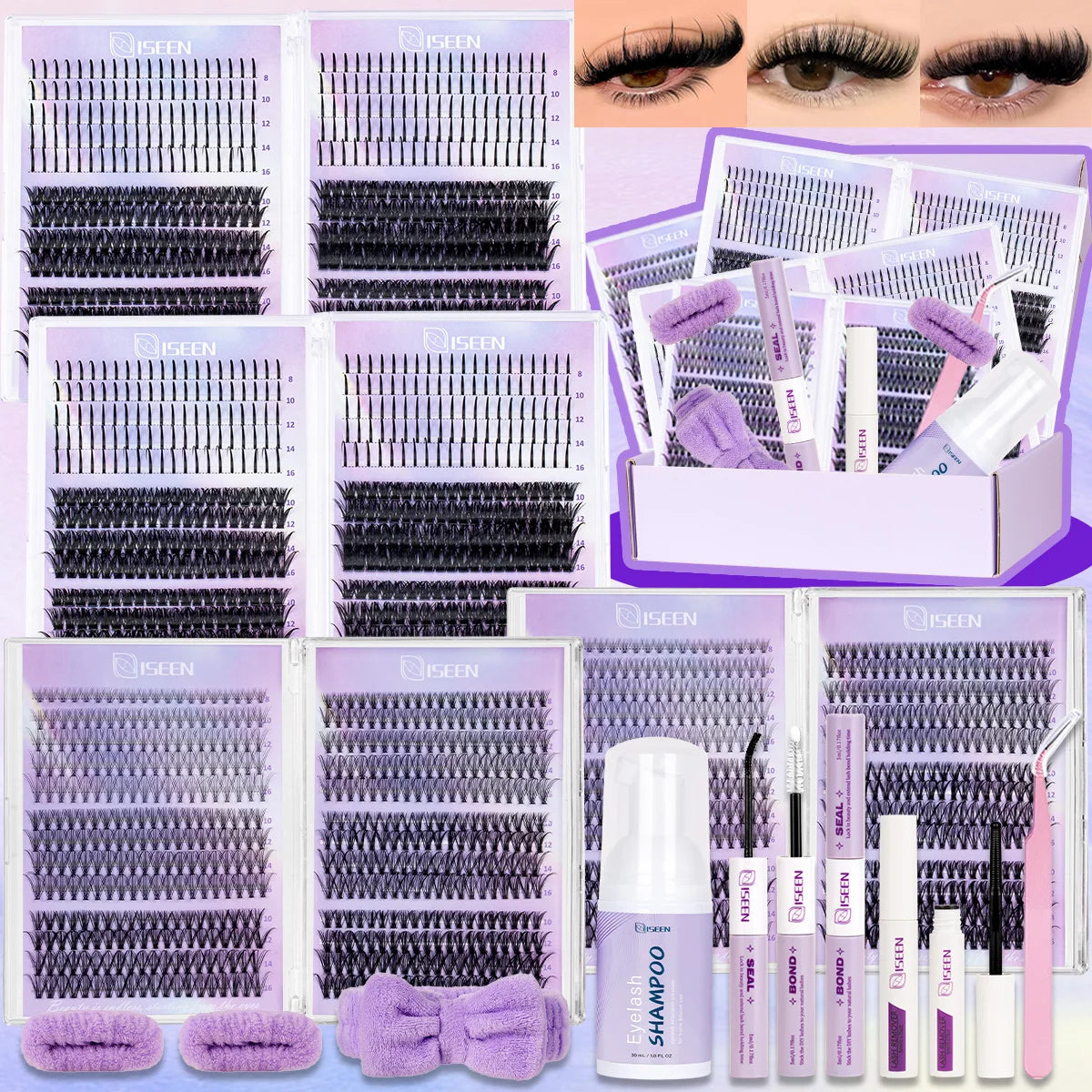 DIY-Wimpernverlängerungssätze mit gemischten Wimpern und Profi-Werkzeugen in lila und schwarz