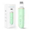 A light green ultrasonic skin scrubber device with a silver top is shown next to its packaging box.
