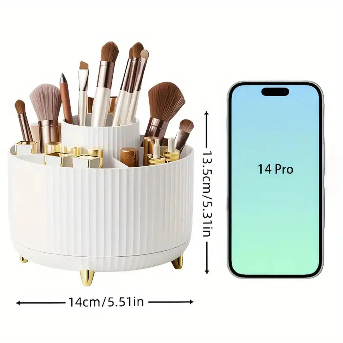 White rotating makeup organizer holding various brushes and tools next to an iPhone 14 Pro.