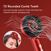 A close-up of a red electric scalp massage comb with rounded teeth, showing its use on hair.