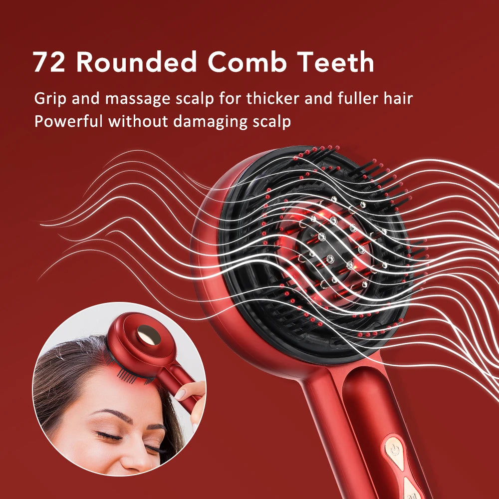 A close-up of a red electric scalp massage comb with rounded teeth, showing its use on hair.