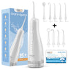 A white momwell oral irrigator device shown next to its components and packaging box.