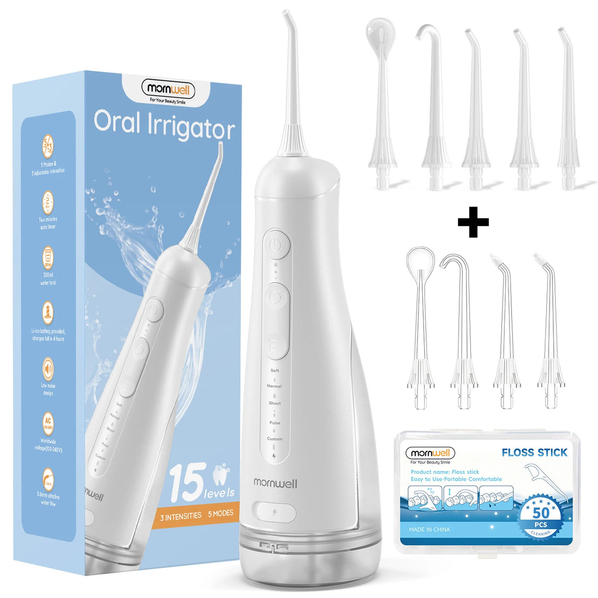 A white momwell oral irrigator device shown next to its components and packaging box.