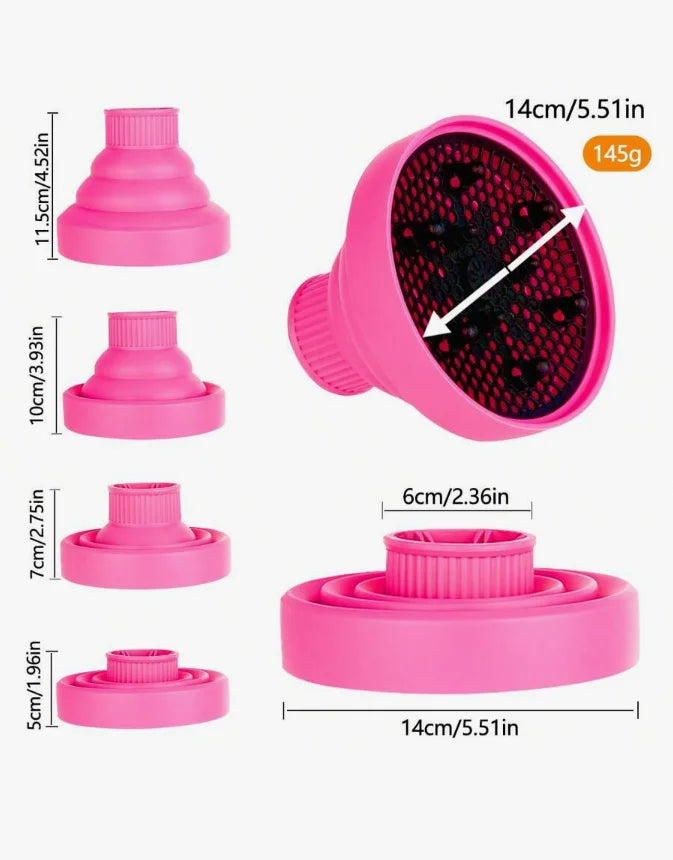 Pink silicone diffuser cover for hair dryers shown in various sizes and angles
