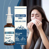 A bottle of Nasal Clean Spray mineral nasal cleanse next to a woman gently using the spray.