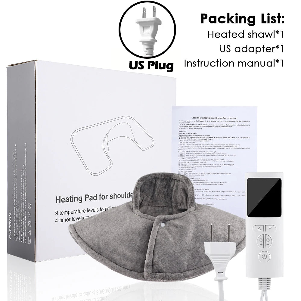 A gray electric heated pad for the shoulder, shown next to its packaging and accessories.