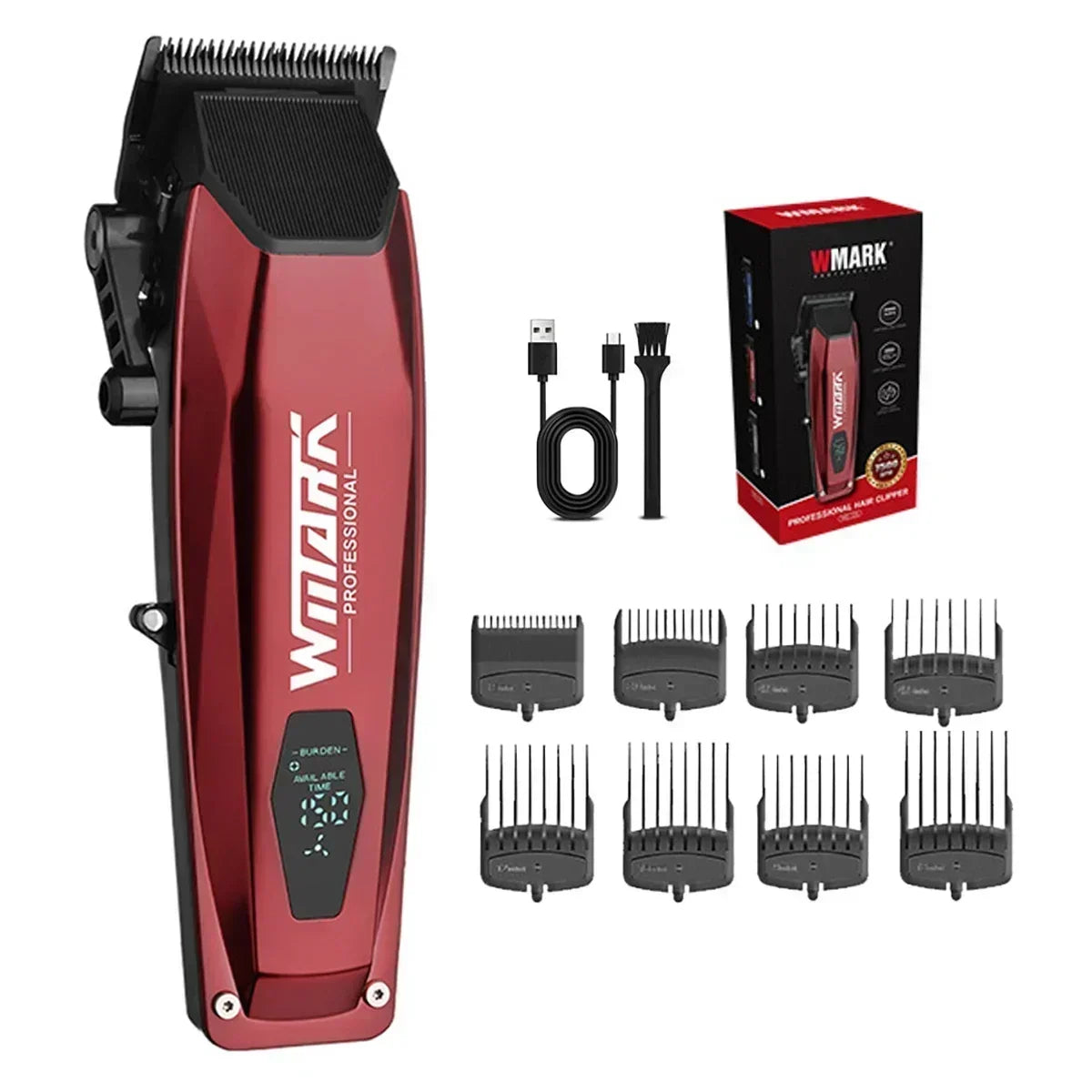 A red electric hair clipper and various attachments are shown on a white background.