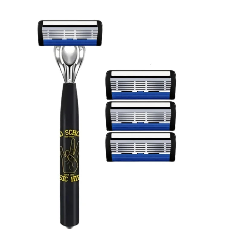 A premium stainless steel shaver with a black handle and multiple shaving heads.