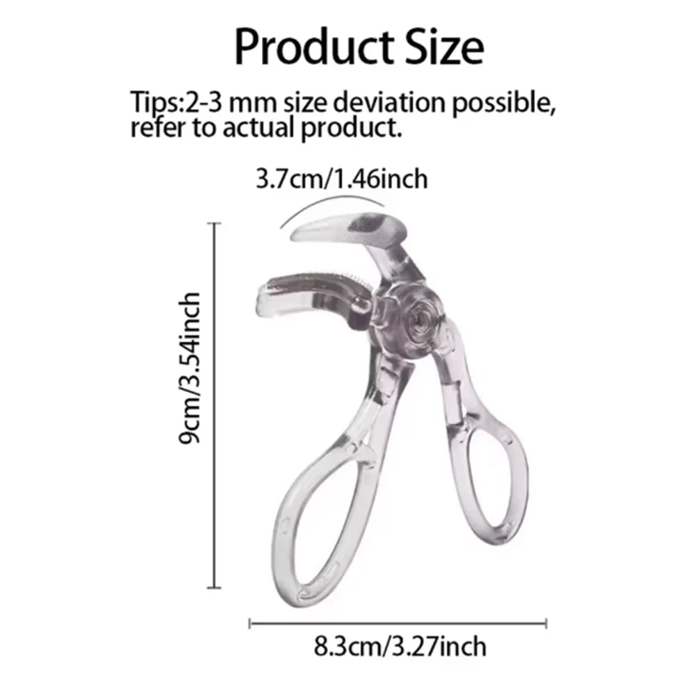 A pair of clear dual eyelash curlers and combs shown against a white background.