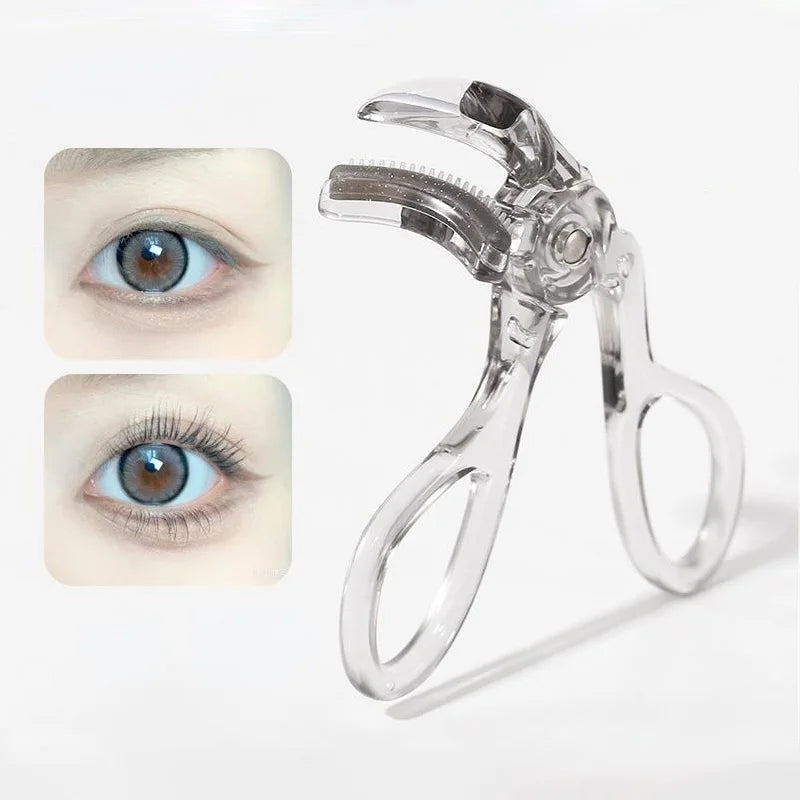 A clear professional eyelash curler set shown next to close-ups of curled eyelashes.