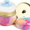 Éponge et boîte de poudre de maquillage portable avec un corps aquarelle rose et un couvercle bleu clair.