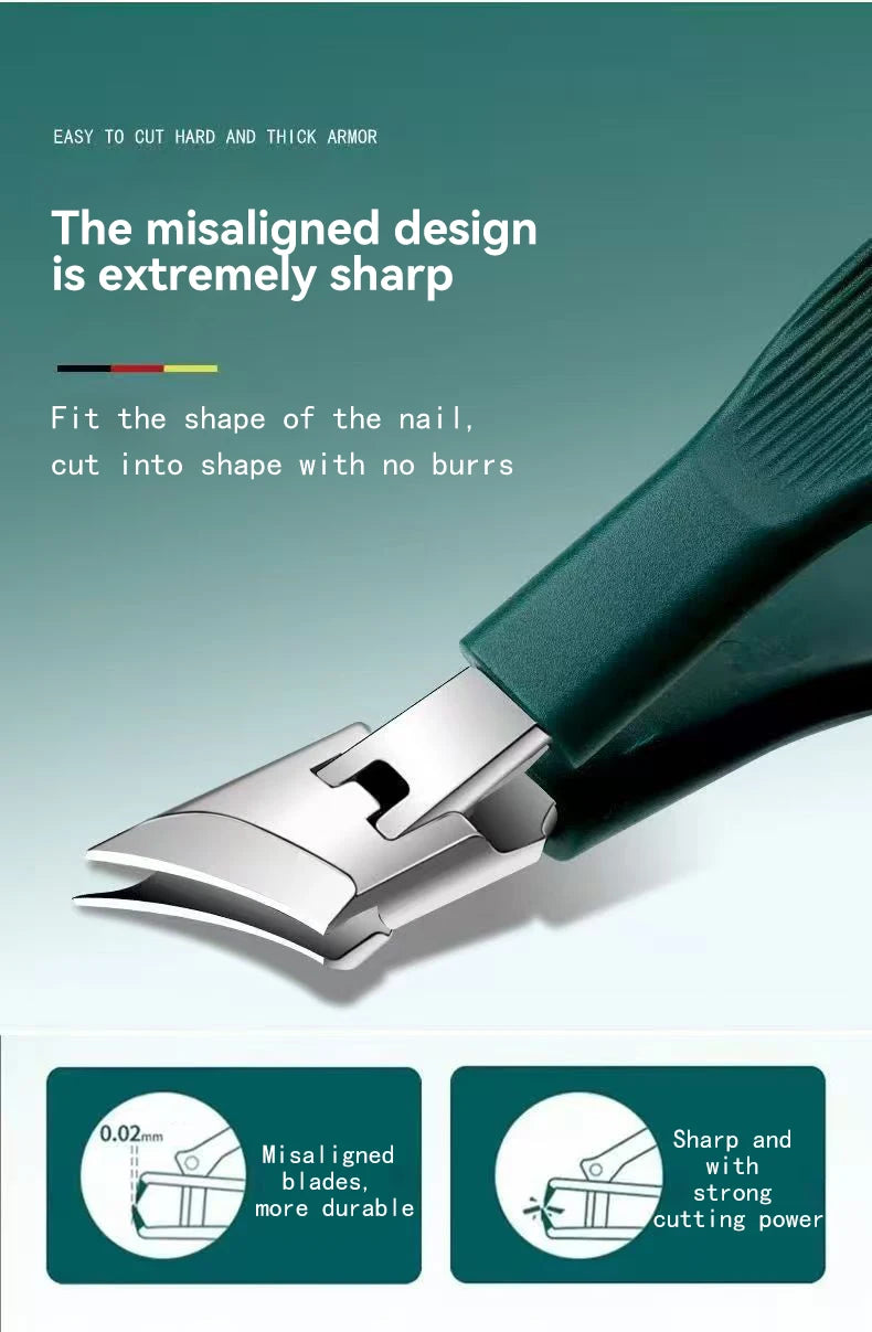 A close-up of a green nail clipper showing the sharp, misaligned design and cutting blades.