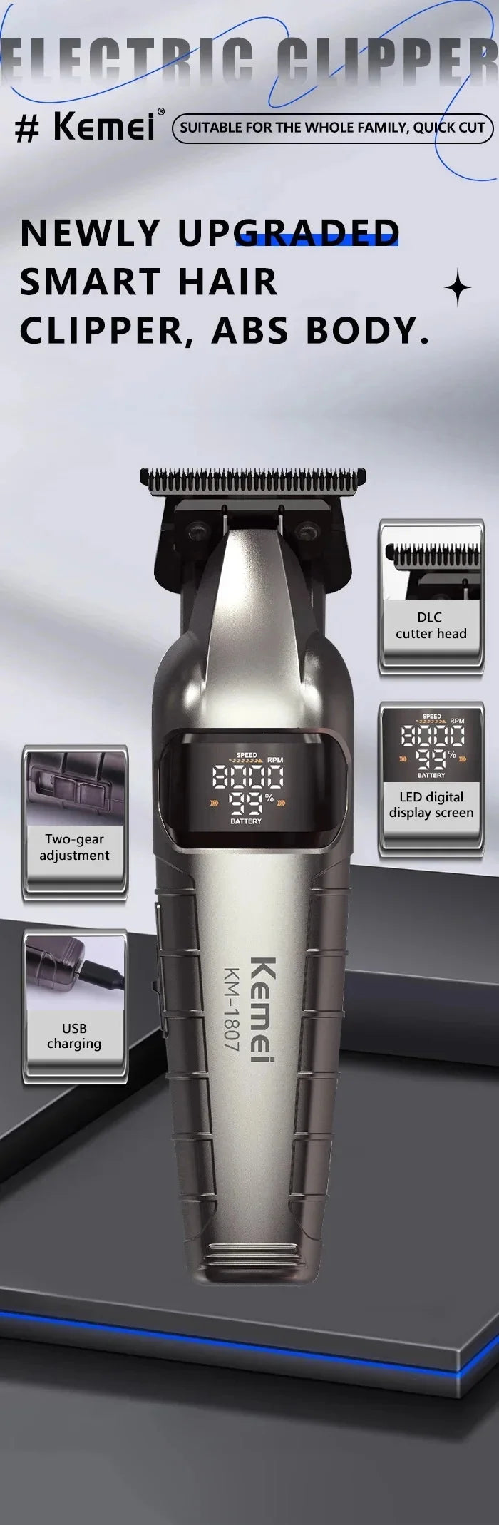 A silver Kemei smart hair clipper with an ABS body and DLC cutter head is shown on a gray surface.