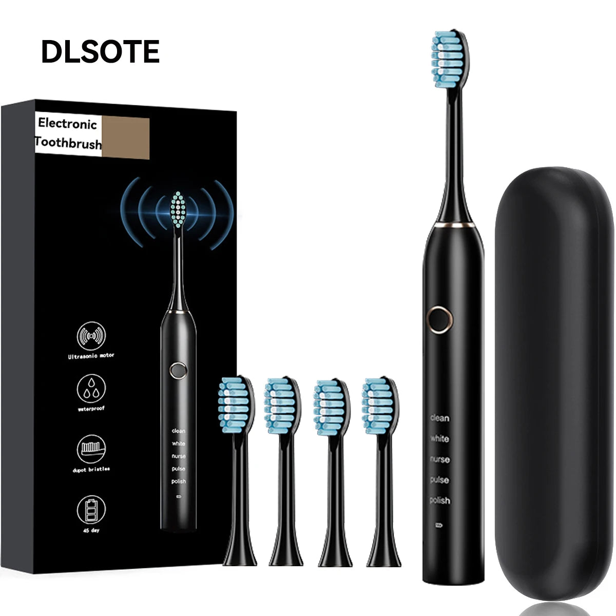 A black electric toothbrush and its replacement heads are shown next to its packaging.