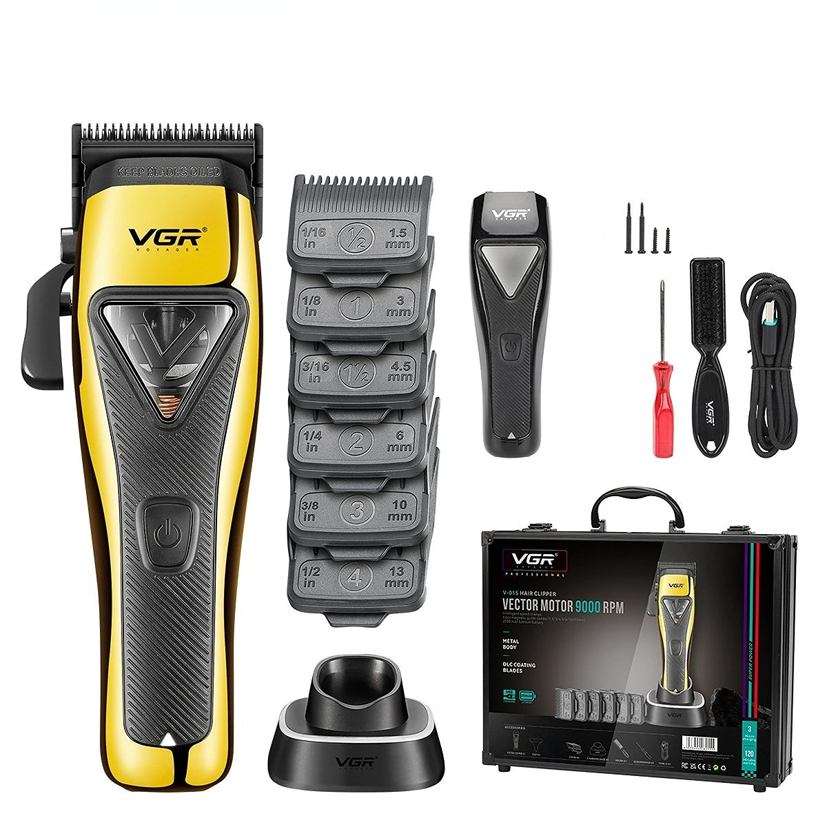 A VGR professional rotary hair clipper set including various guards and a charging kit.