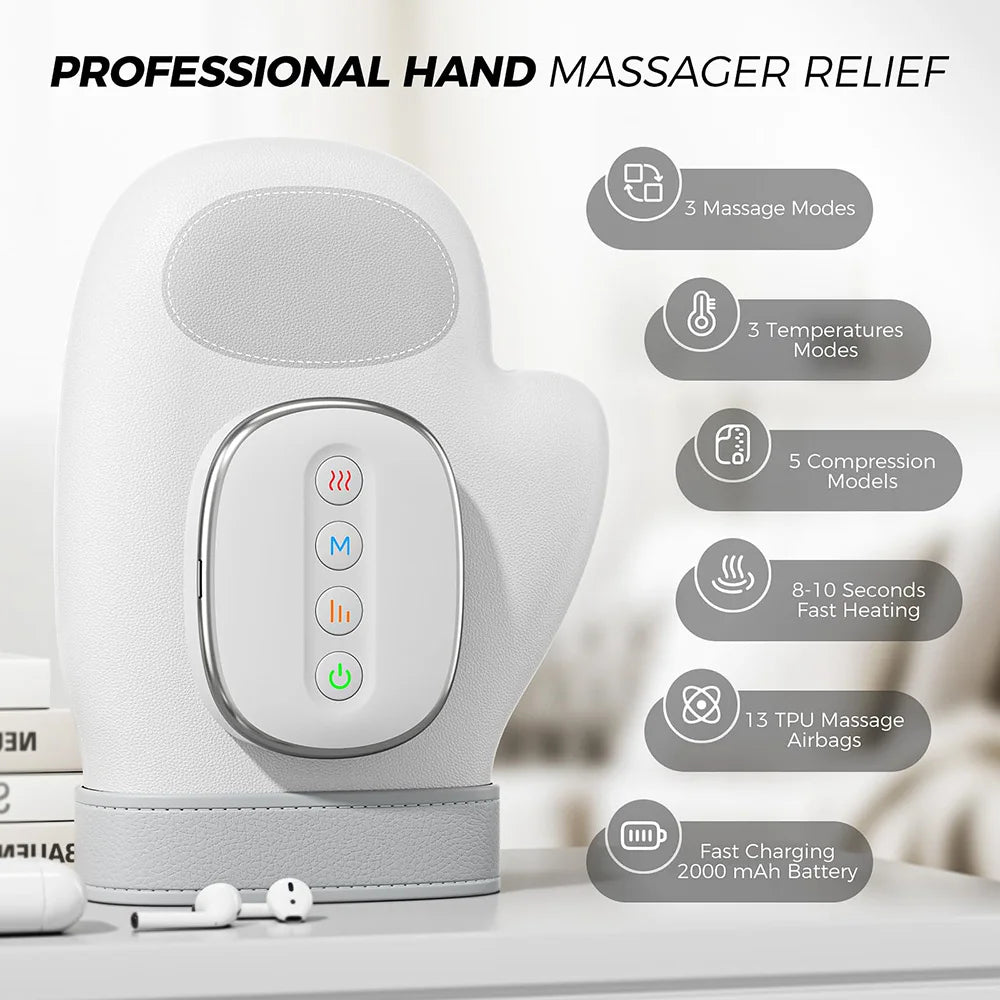 A white electric hand massager with a control panel, showing features like massage modes and heating options.