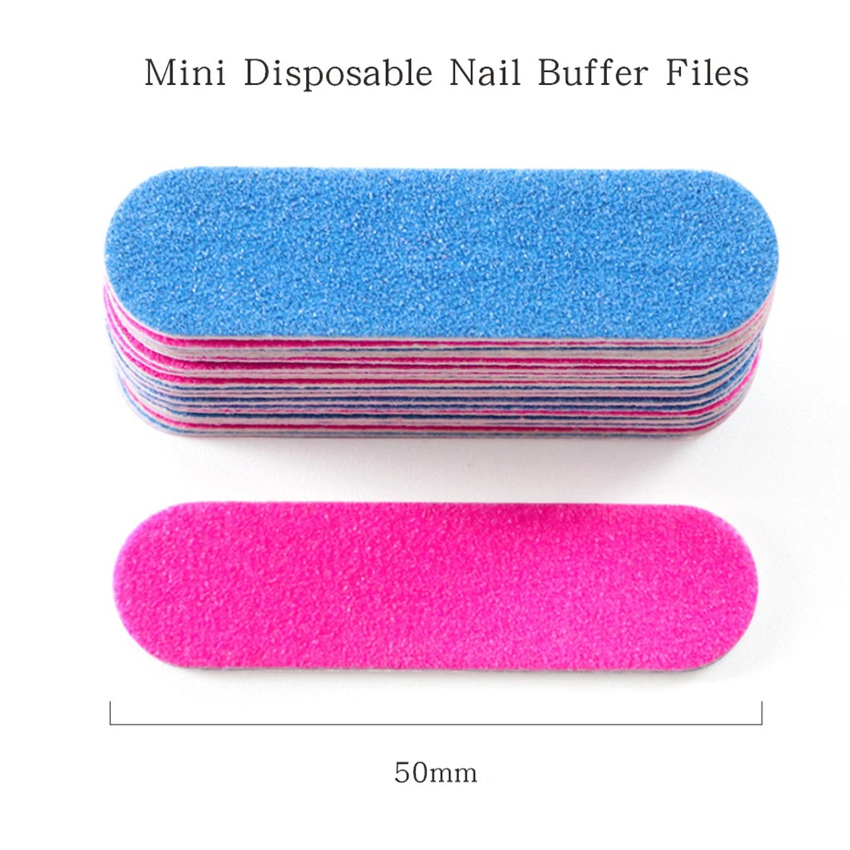 A stack of blue and pink disposable mini nail buffer files, measuring 50mm.