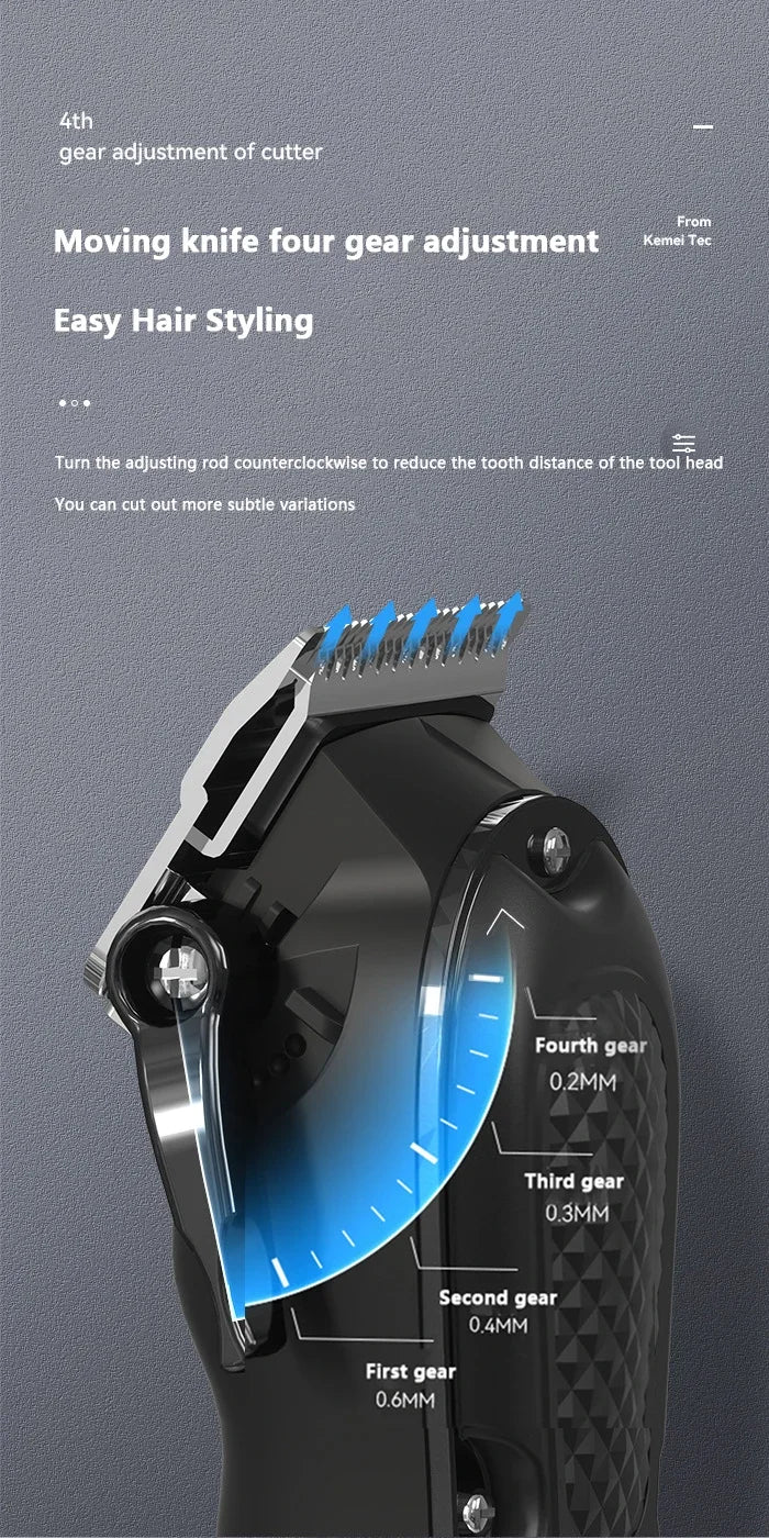 Close-up of a professional rechargeable beard and hair trimmer showing the gear adjustment mechanism.