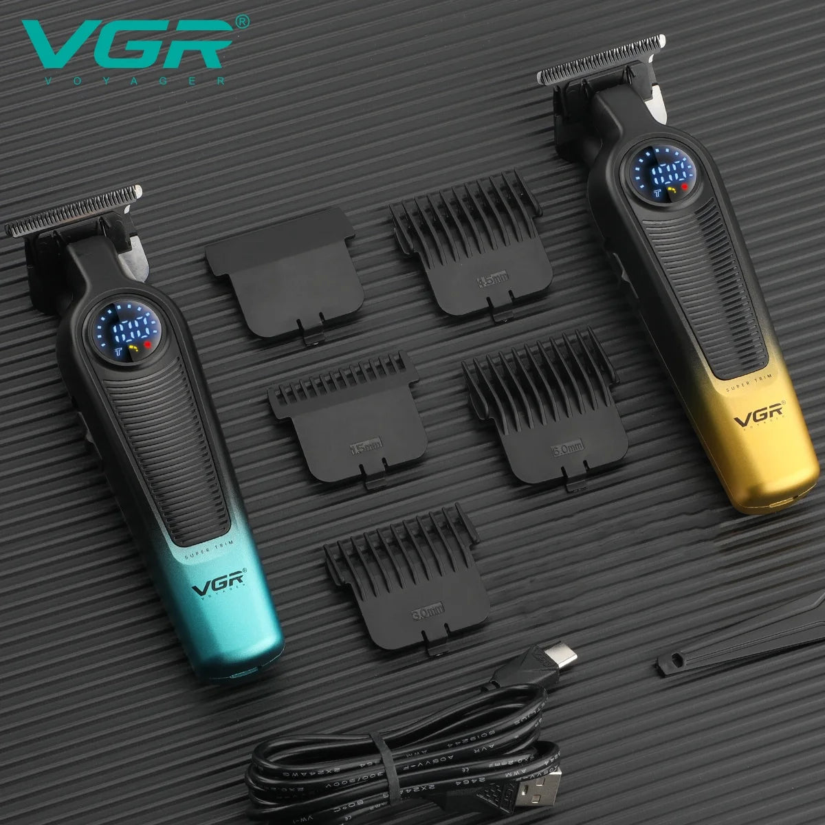 VGR professioneller kabelloser Haartrimmer mit mehreren Aufsätzen und Ladekabel auf dunklem Hintergrund