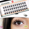 A close-up of an eye showing natural wispy eyelash extensions, with a product display of IGUIONSS lash clusters.
