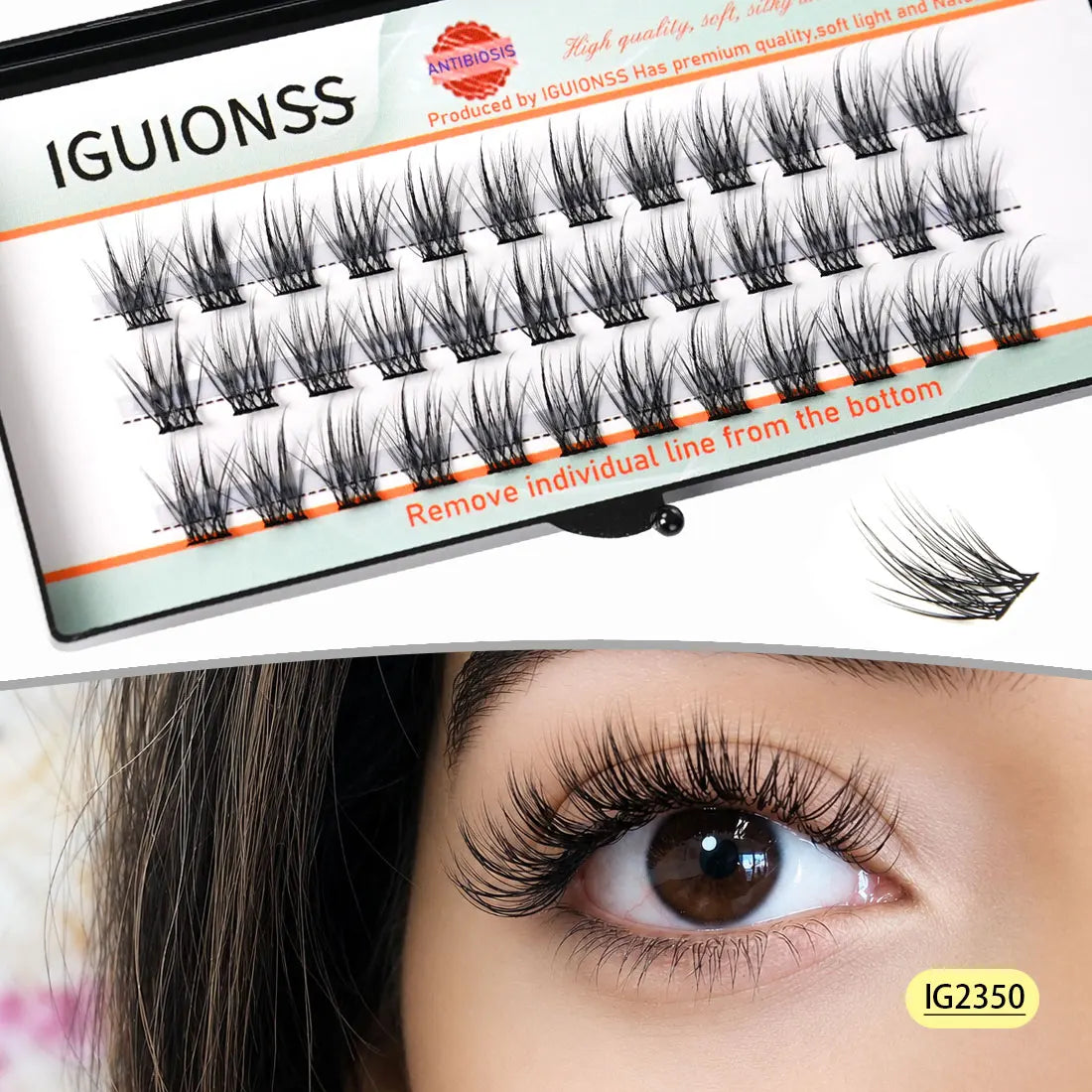 A close-up of an eye showing natural wispy eyelash extensions, with a product display of IGUIONSS lash clusters.