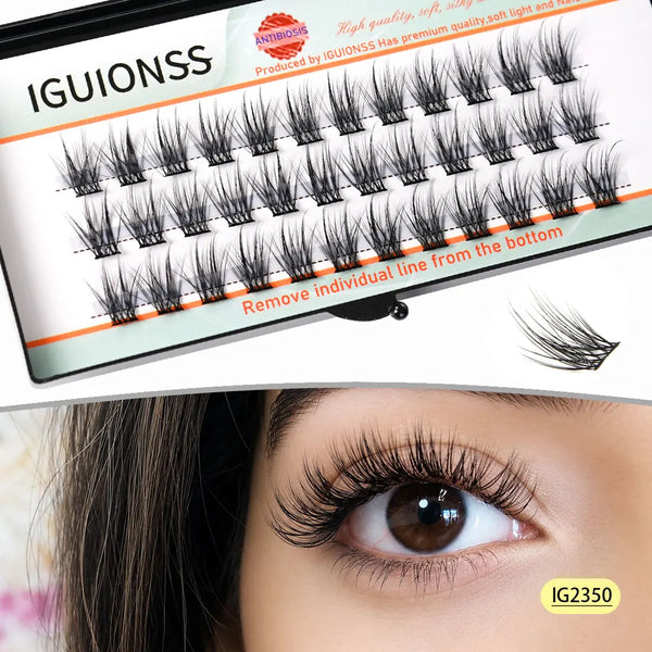 A close-up of an eye showing natural wispy eyelash extensions, with a product display of IGUIONSS lash clusters.