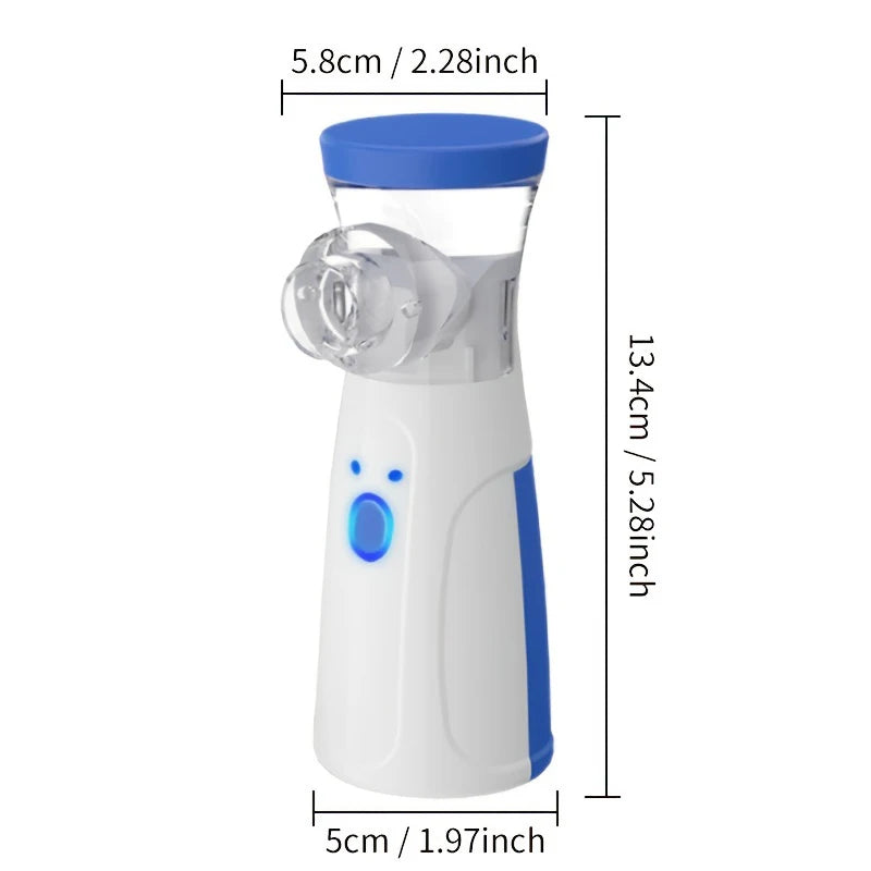 A white and blue portable mesh nebulizer first aid kit with a clear mouthpiece.