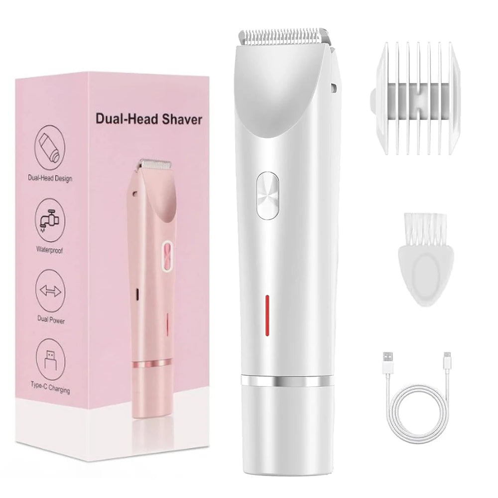 A white dual-head shaver with a pink accent is shown next to its packaging and accessories.