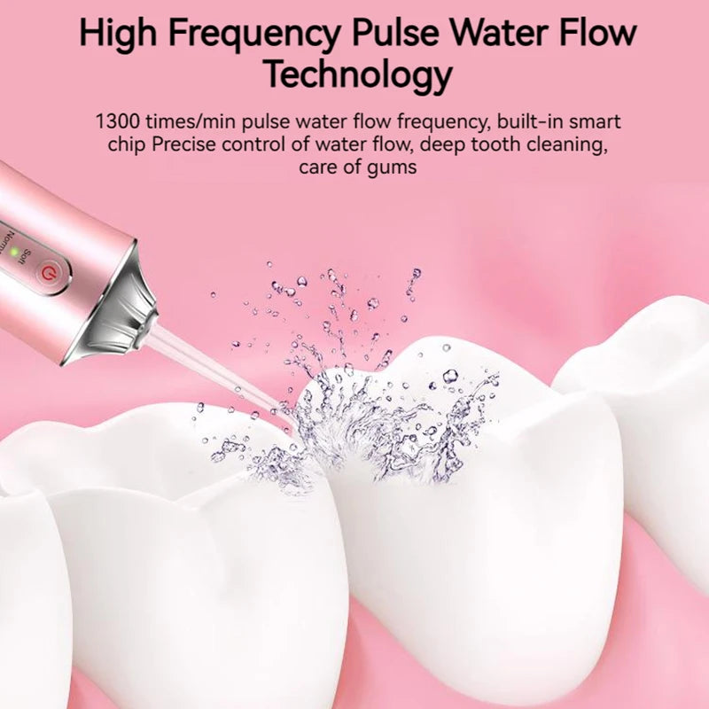 A pink dental flosser is shown cleaning teeth with water flow on a pink background.