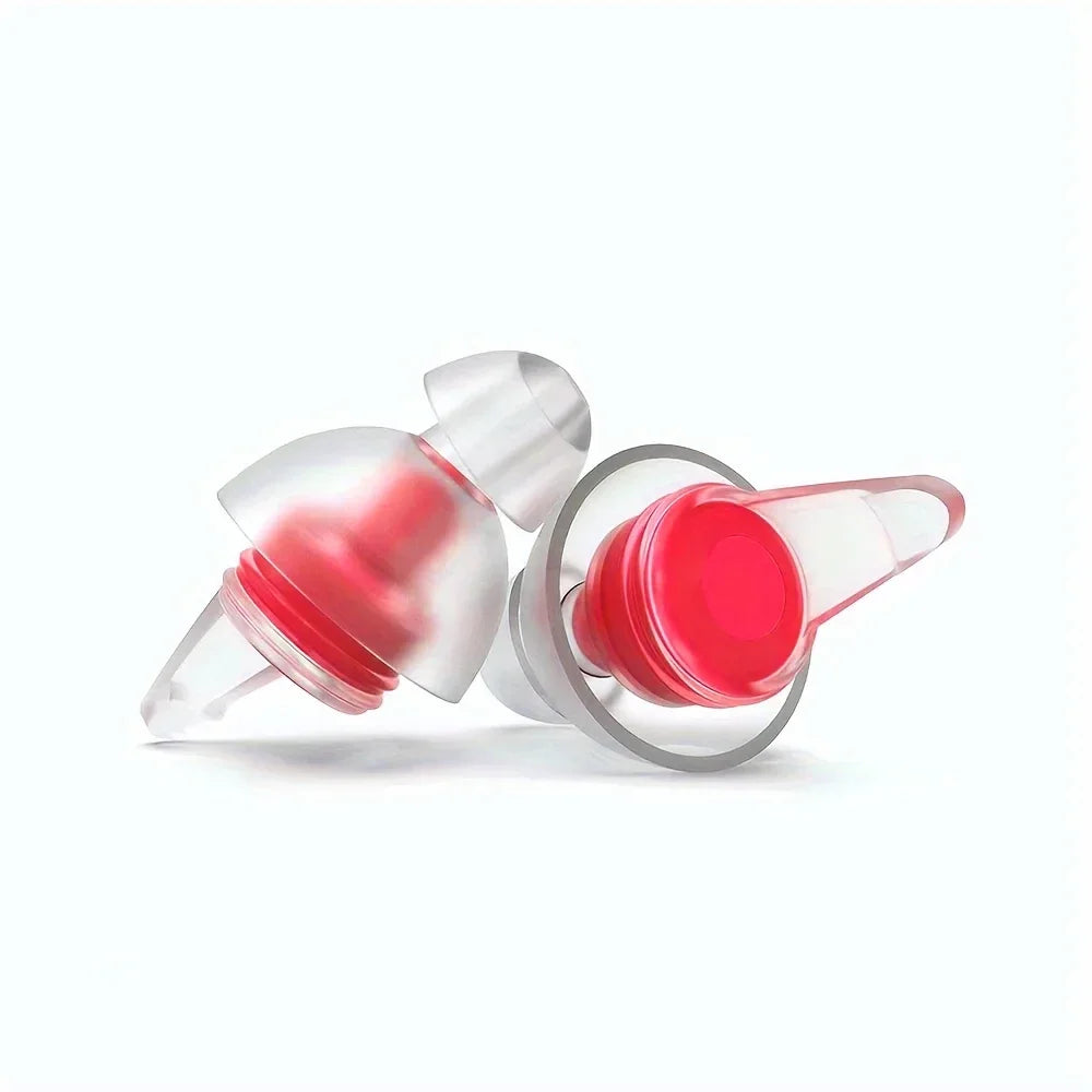 Un par de tapones para los oídos reutilizables de silicona en empaque rosa y transparente.