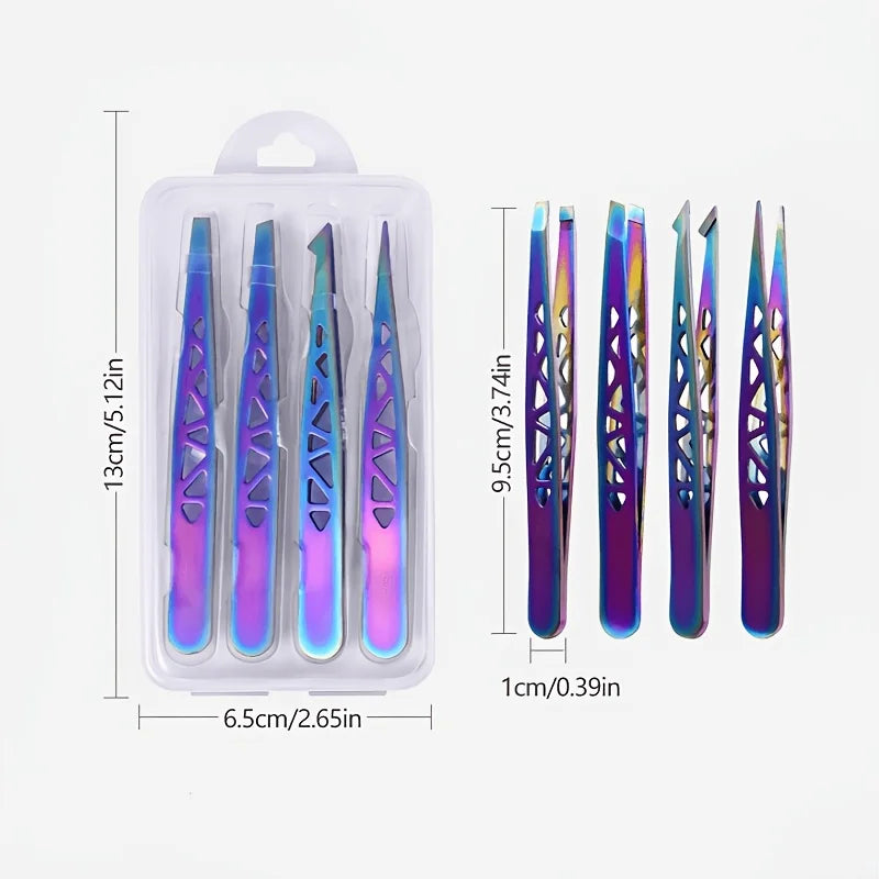 A set of five precision stainless steel eyebrow trimming tools packaged in a clear plastic case.