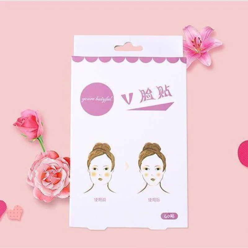 Paquete de parches invisibles para lifting facial con diseño floral rosa e instrucciones de uso.