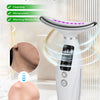 A white eye lifting wand facial massager with purple lights shown next to close-ups of skin.