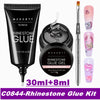 A kit containing a black bottle of Rhinestone Glue and an 8ml glass bottle of Rhinestone Glue Gel for nail art