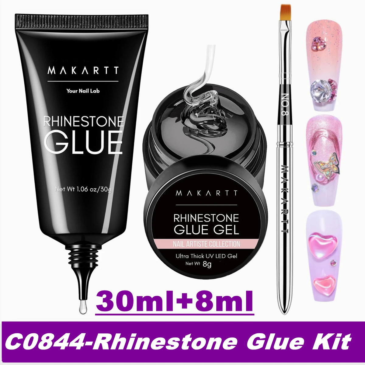 A kit containing a black bottle of Rhinestone Glue and an 8ml glass bottle of Rhinestone Glue Gel for nail art