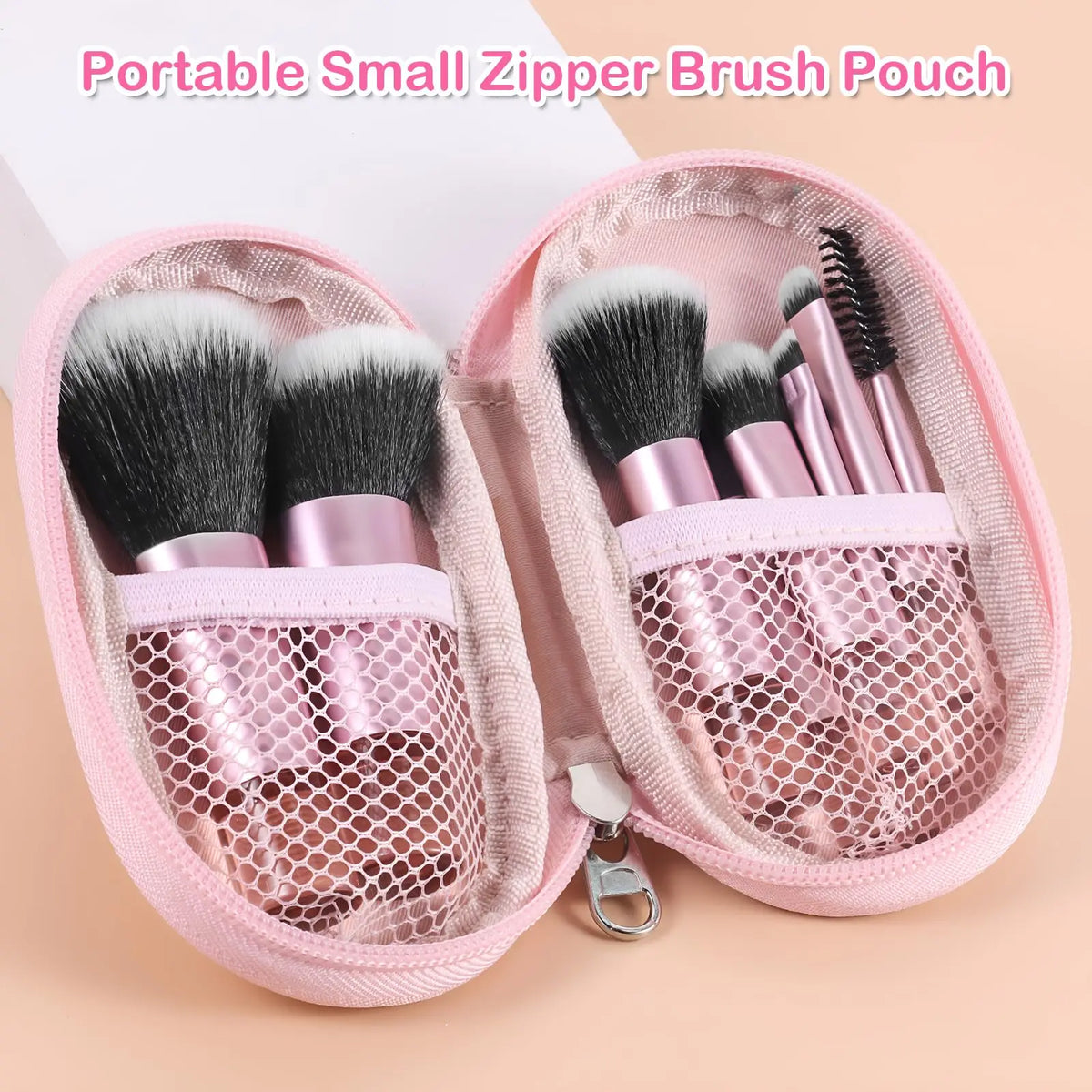 A pink zippered pouch containing a set of 10 makeup brushes and tools for travel.
