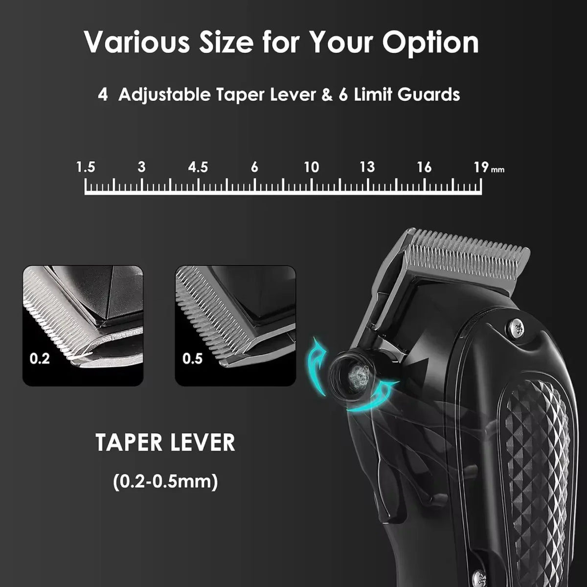 Close-up view of a professional cordless hair clipper showing various taper levers and limit guards for adjustable sizing.