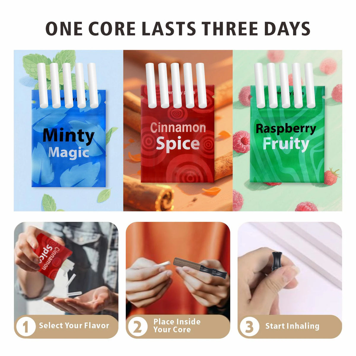 Three flavors of natural wooden stop smoking stick diffusers: Minty Magic, Cinnamon Spice, and Raspberry Fruity.