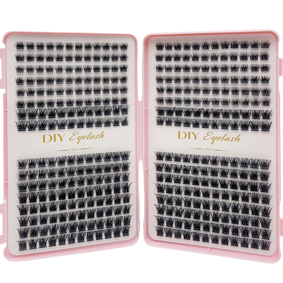 Une paire de plateaux en plastique rose contenant des lots de cils à clusters individuels.