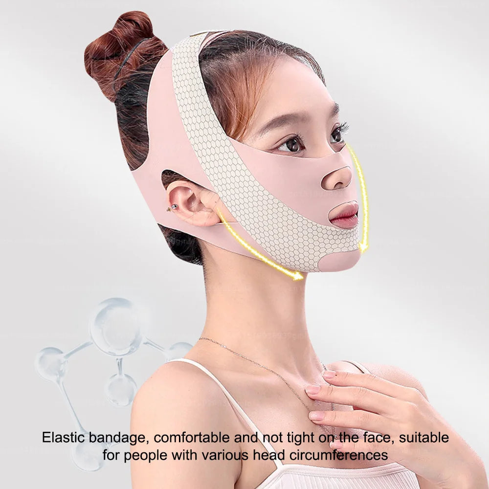 A woman is wearing a pink elastic bandage for facial sculpting and slimming, demonstrating its comfortable fit.