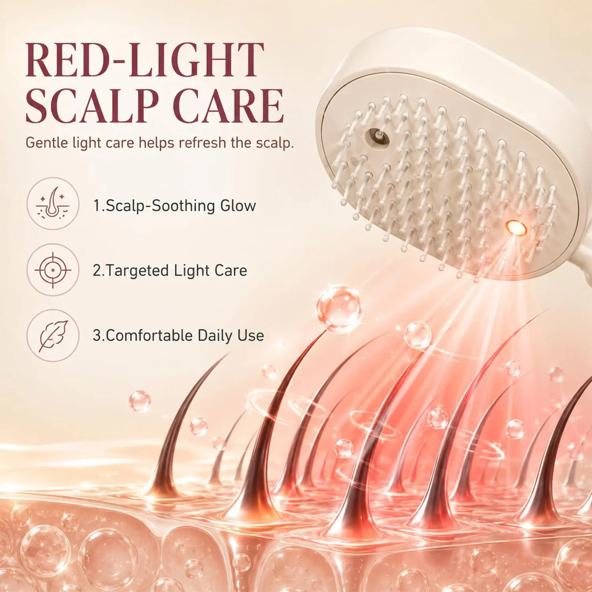 A close-up of a red light scalp care device emitting light onto skin cells.